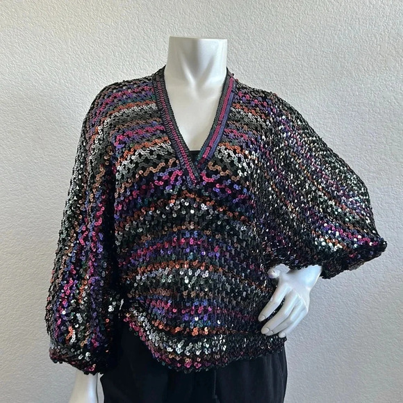 Vintage 70s Harry Acton for party collectibles Woven Black Sequin Blouse… - Picture 5 of 7